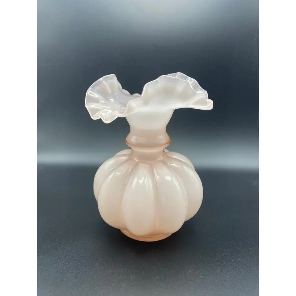 Vintage Fenton Large Ruffled  Pink Melon 8” Vase
